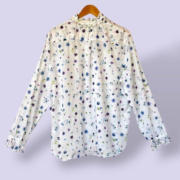 J.Crew Classic-Fit Ruffleneck Shirt Airy Floral Lilac Pansy Size 18 Preppy Sheer - Picture 3 of 13